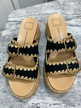 Dolce Vita Black and Tan Buckle Espadrille Slide Sandals